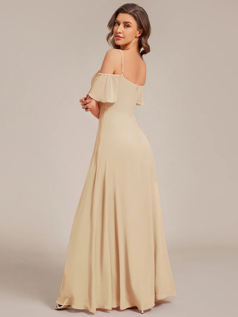 Charcoal chiffon bridesmaid dress with high side slit and delicate spaghetti straps