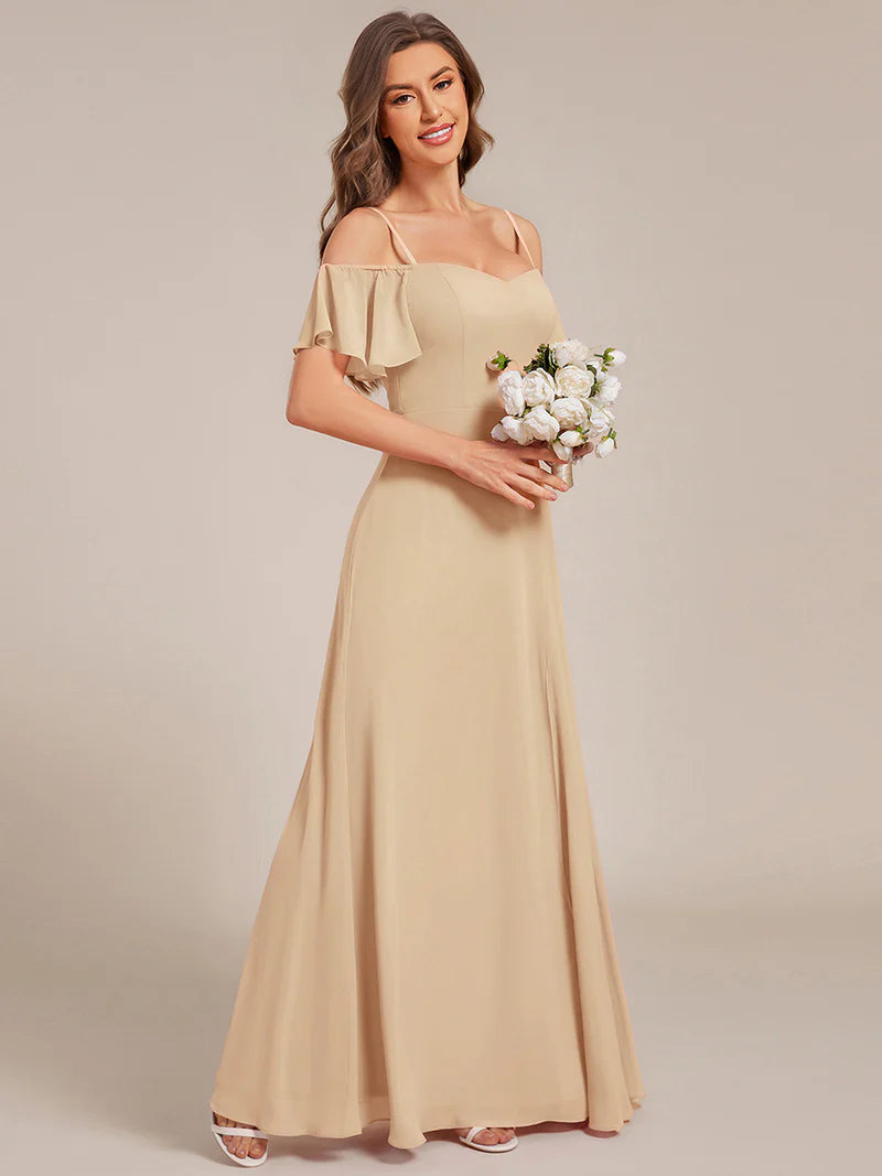 Charcoal chiffon bridesmaid dress with high side slit and delicate spaghetti straps