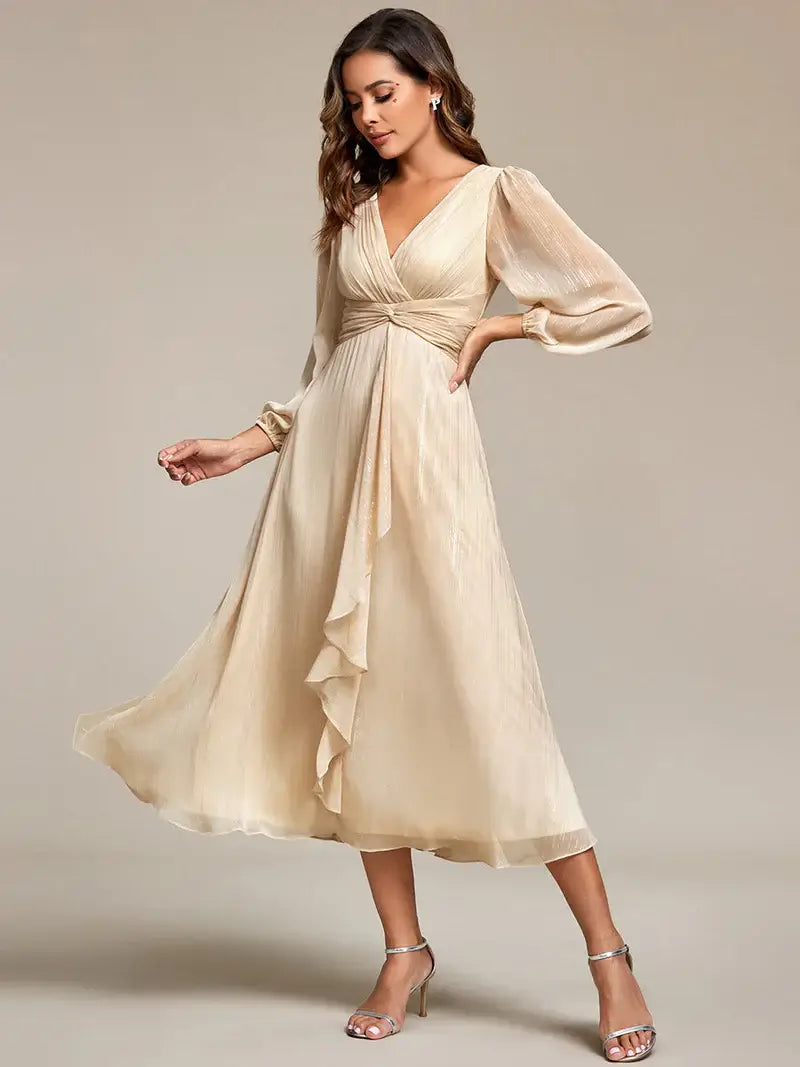 Charcoal elegant shiny chiffon wedding guest dress with long sleeves and flowing silhouette