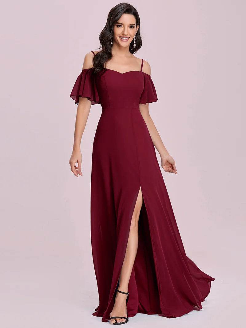 Chiffon Bridesmaid Dress – Spaghetti Straps & High Slit Design - Biamonde