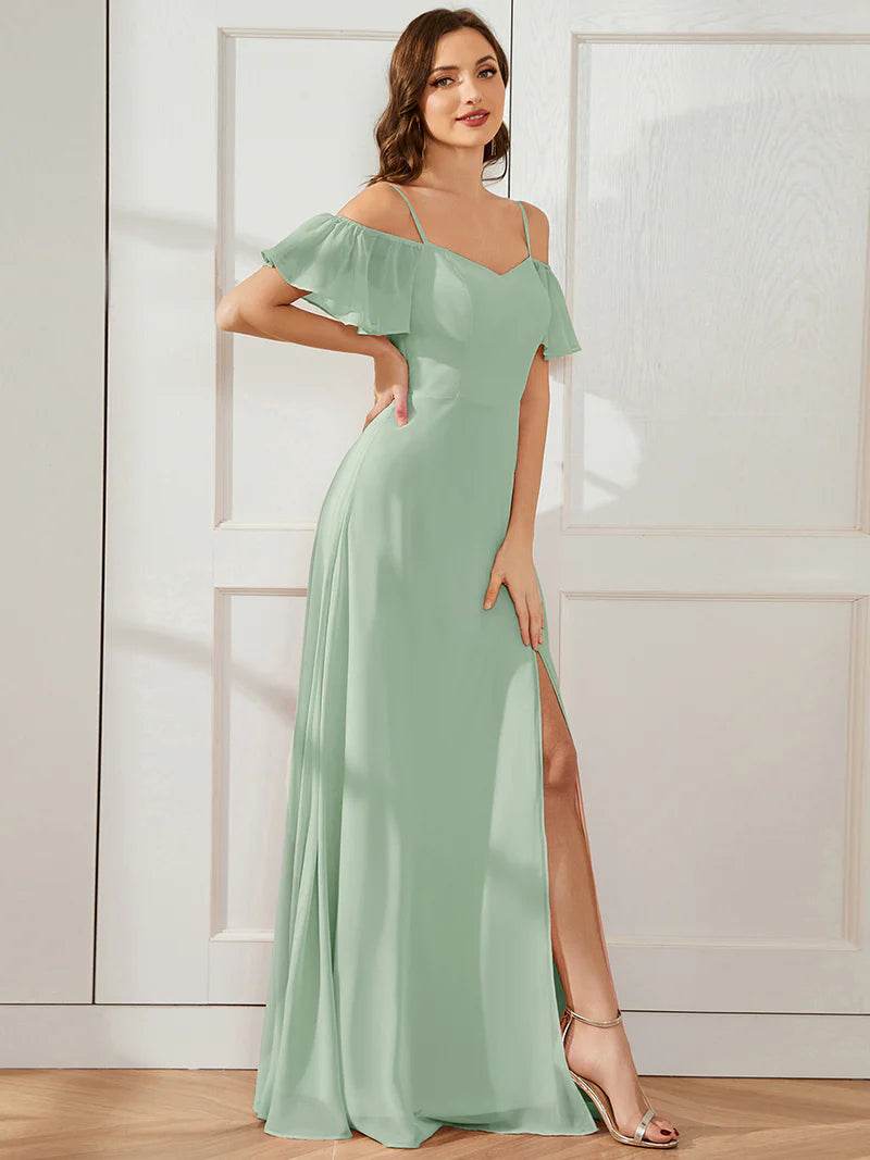 Chiffon Bridesmaid Dress – Spaghetti Straps & High Slit Design - Biamonde