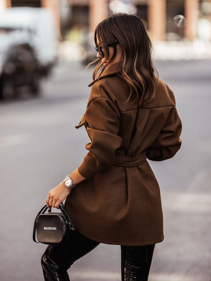Chocolate brown shirt jacket, warm-toned overshirt for stylish layering