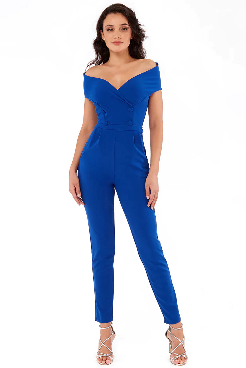 Cobalt Bardot crossover jumpsuit, bold off-shoulder elegance for every occasion