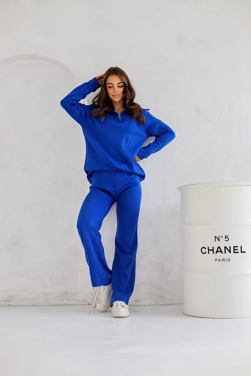 Cornflower zip sweater set, soft blue two-piece knit for cozy everyday style
