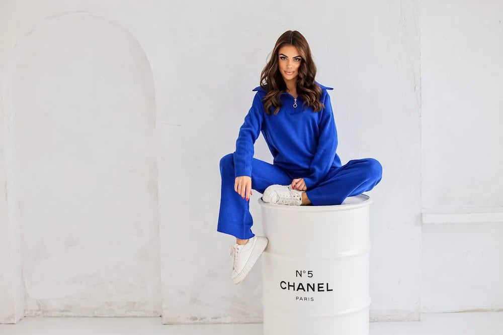 Cornflower zip sweater set, soft blue two-piece knit for cozy everyday style