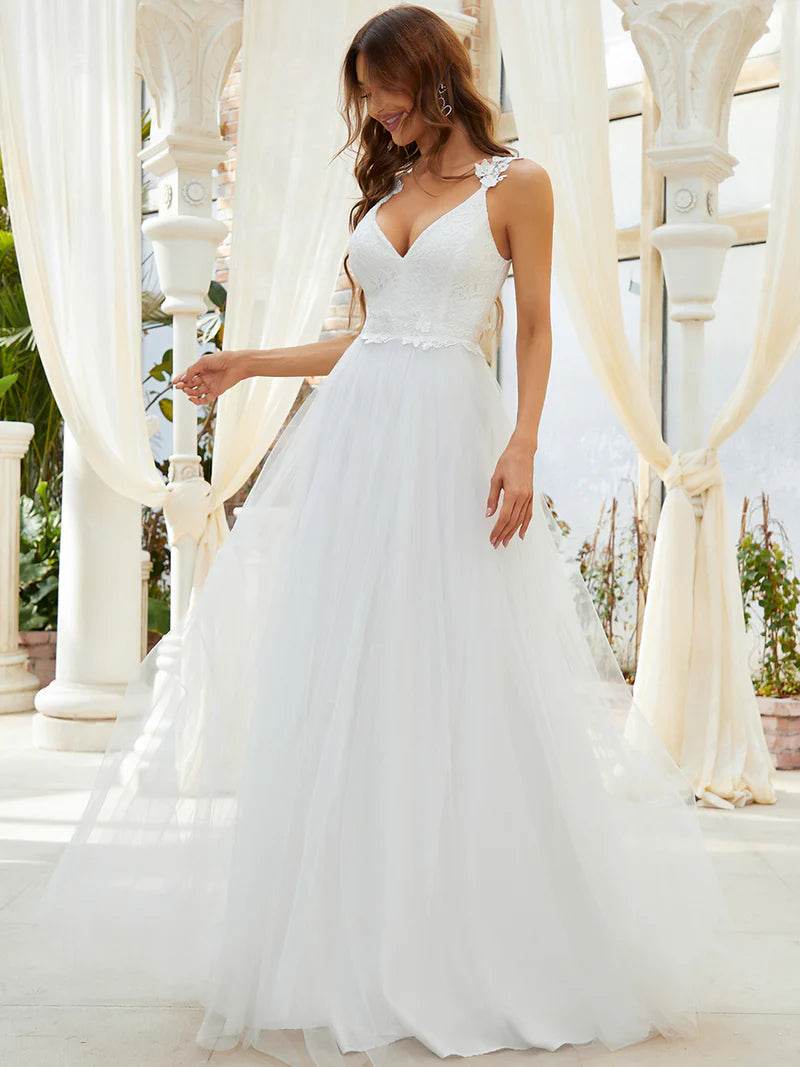 Cream Lace Tulle Wedding Dress – Double V-Neck Romantic Bridal Gown - Biamonde