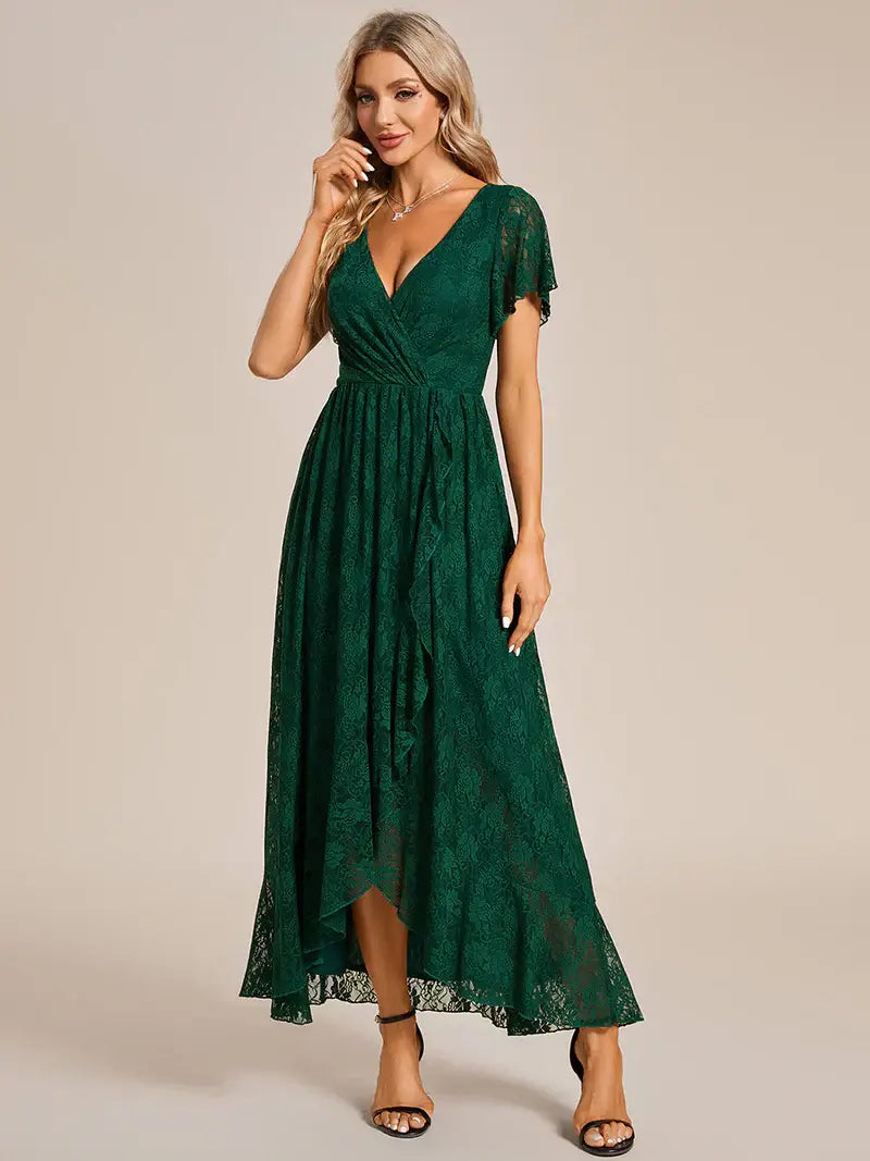 Dark green Deep V-Neck A-Line Evening Dress – Sheer Short Sleeves & Elegant Flow