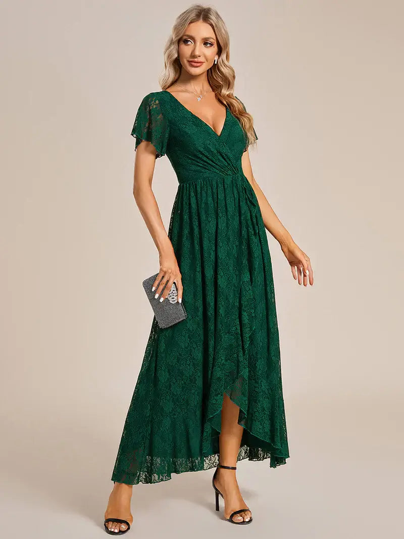 Dark green Deep V-Neck A-Line Evening Dress – Sheer Short Sleeves & Elegant Flow