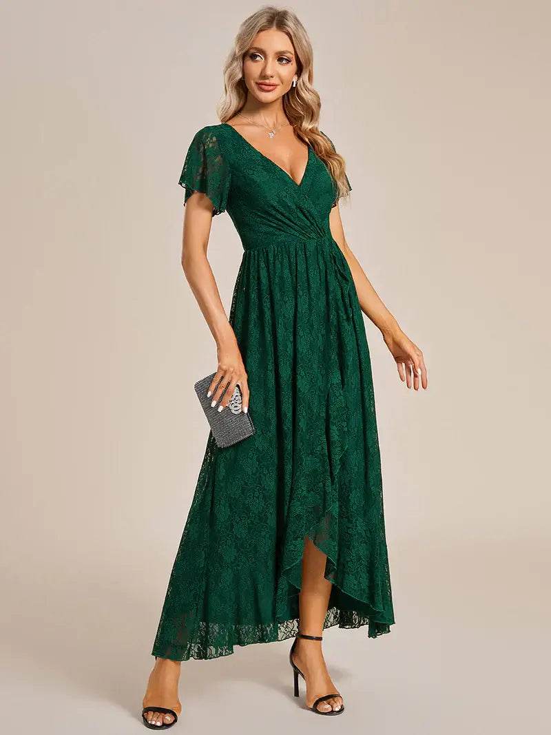 Deep V-Neck A-Line Evening Dress – Sheer Short Sleeves & Elegant Flow - Biamonde