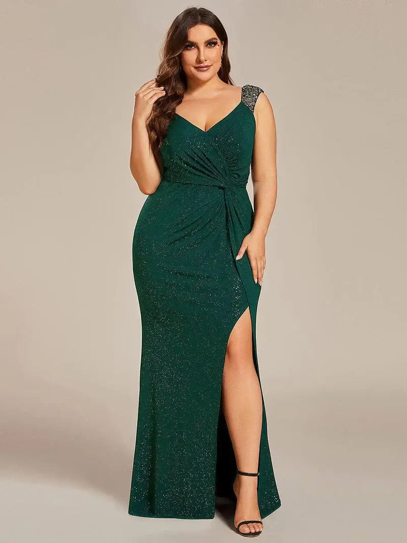 Dark green elegant sequin evening dress with V-neckline and high slit for a glamorous look