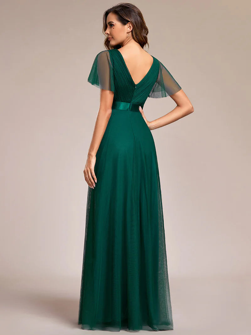 Dark green elegant A-line bridesmaid dress with V-neckline and floor-length silhouette