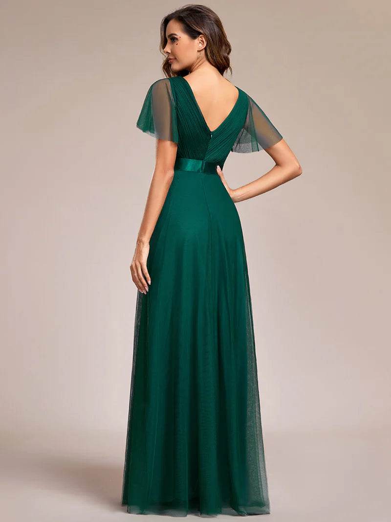 Elegant V-Neck A-Line Bridesmaid Dress – Floor-Length Gown - Biamonde