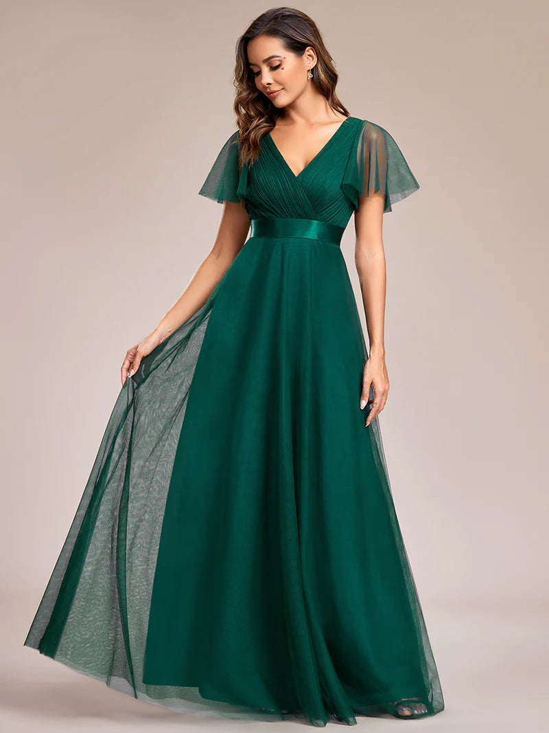 Dark green elegant A-line bridesmaid dress with V-neckline and floor-length silhouette