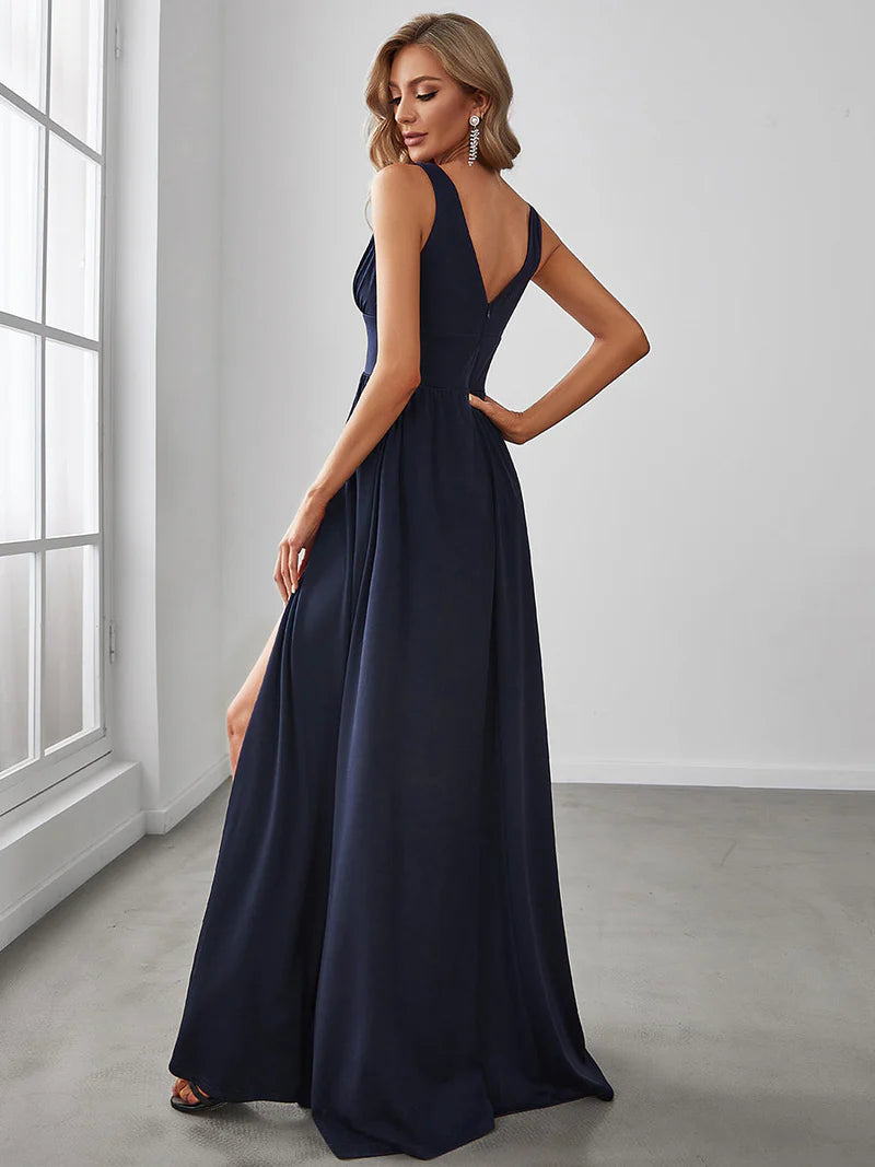 Elegant V-Neck Floor-Length Evening Dress with High Slit & Empire Waist