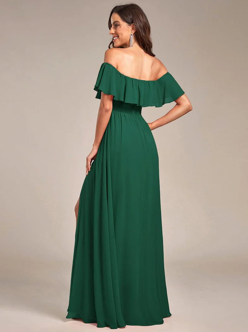 Dark green elegant off-the-shoulder bridesmaid dress with ruffle detailing and thigh-high split