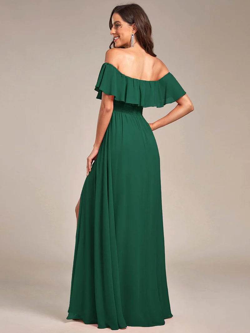 Off-the-Shoulder Bridesmaid Dress – Ruffled with Thigh Split - Biamonde