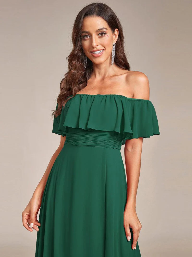 Dark green elegant off-the-shoulder bridesmaid dress with ruffle detailing and thigh-high split
