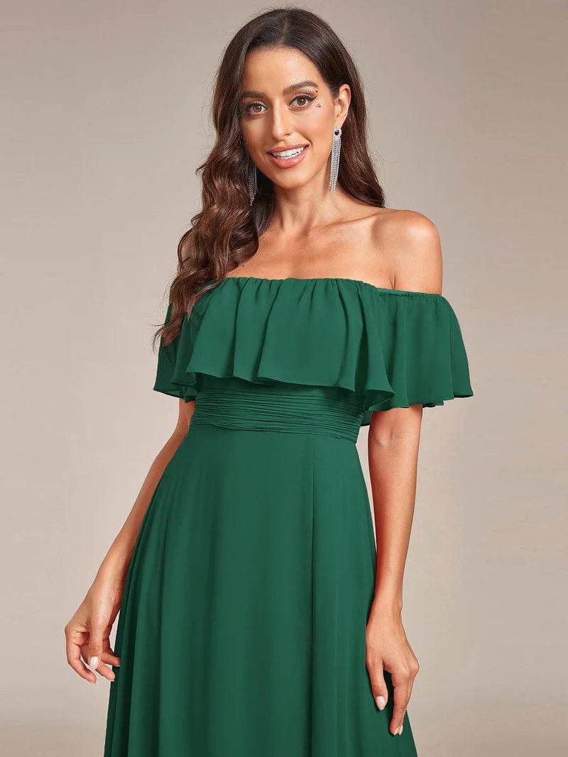 Off-the-Shoulder Bridesmaid Dress – Ruffled with Thigh Split - Biamonde