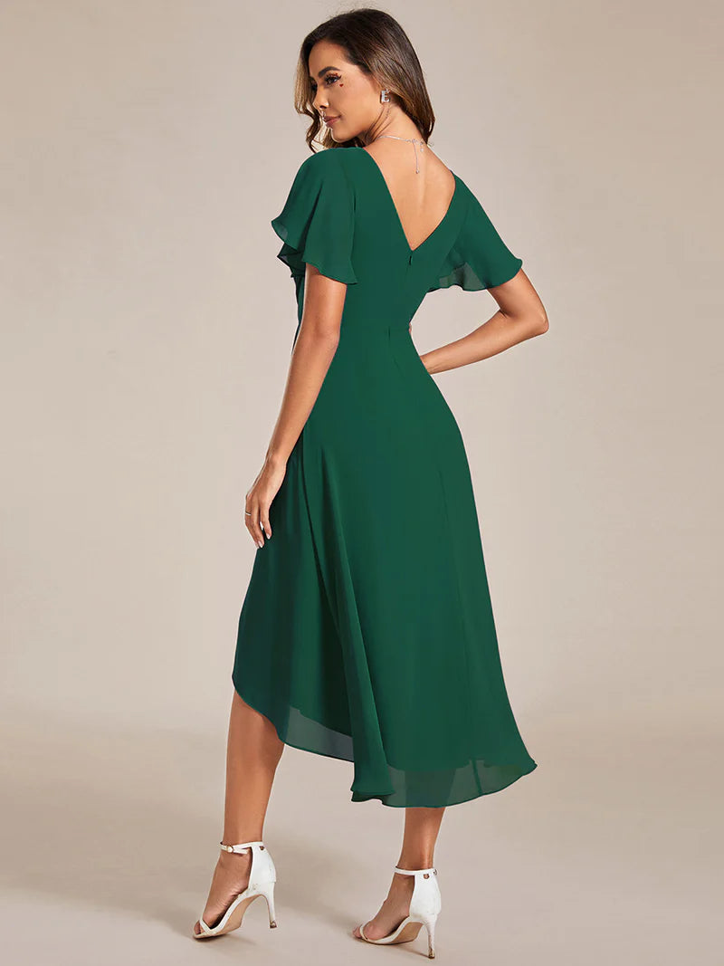 Dark green elegant chiffon wedding guest dress with pleated bodice and ruffle detailing