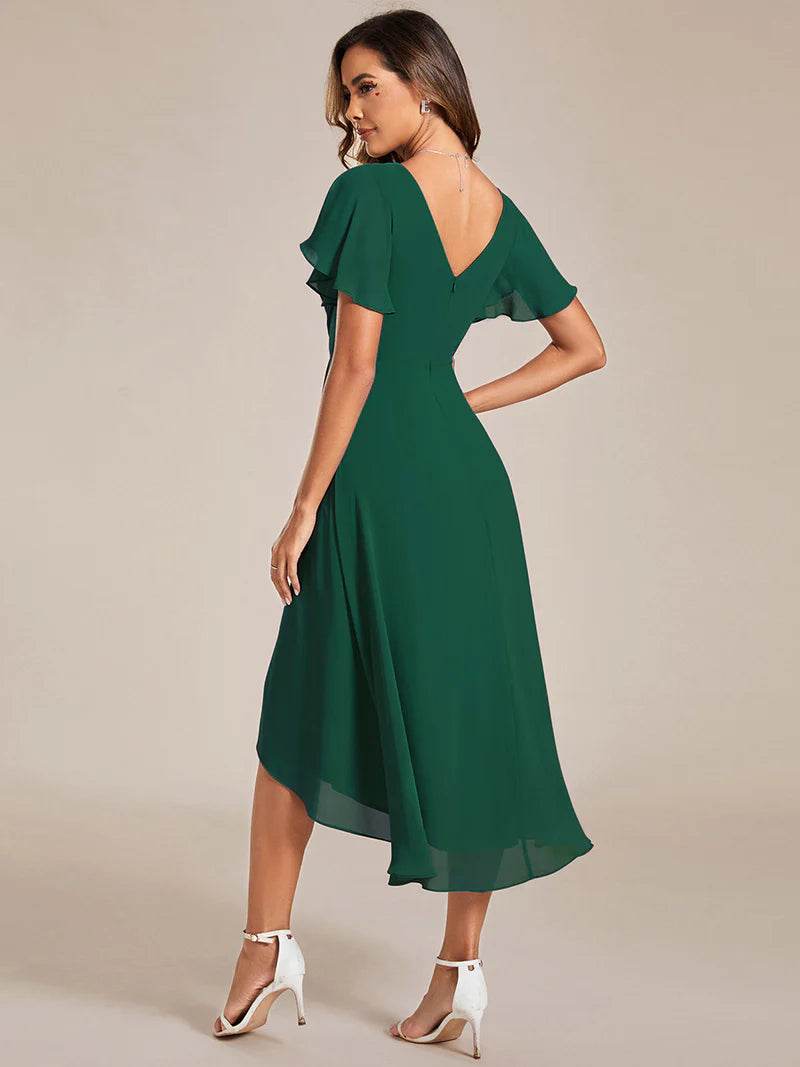 Pleated Ruffle Chiffon Wedding Guest Dress – Elegant Flowy Gown - Biamonde