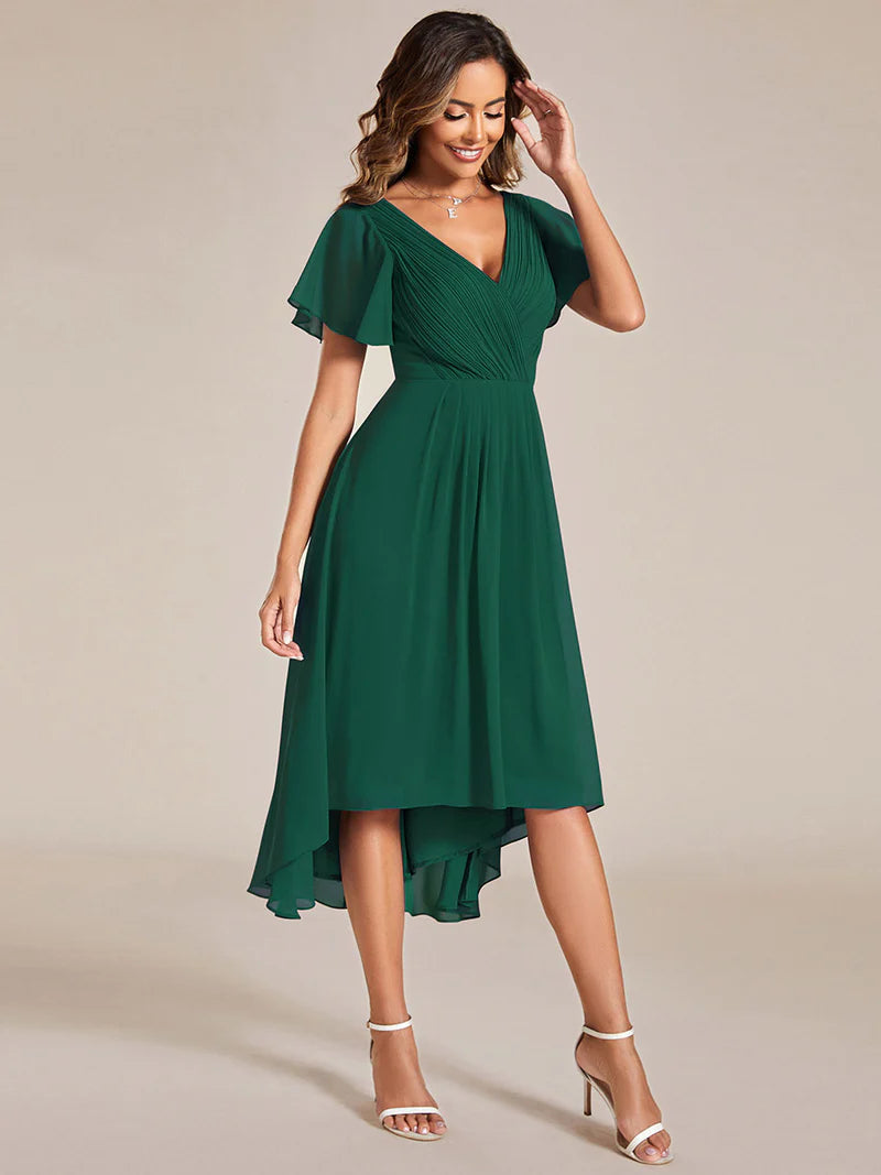 Dark green elegant chiffon wedding guest dress with pleated bodice and ruffle detailing