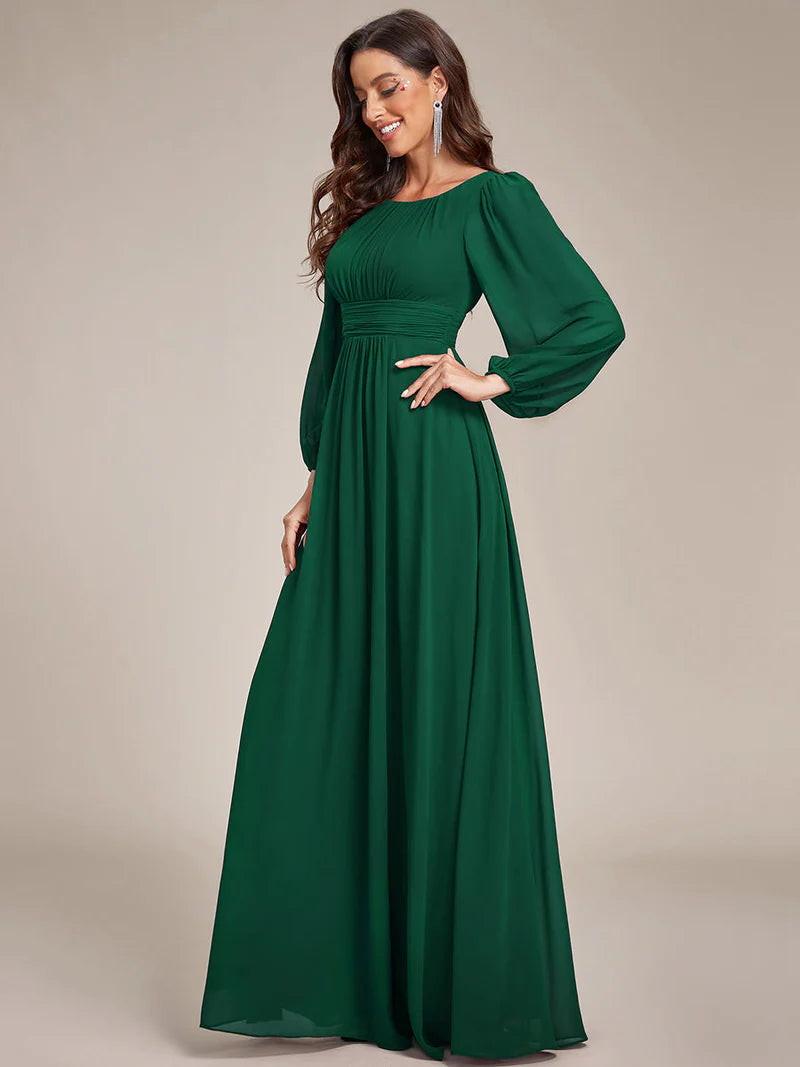 Dark green bridesmaid dress with round neckline and long lantern sleeves