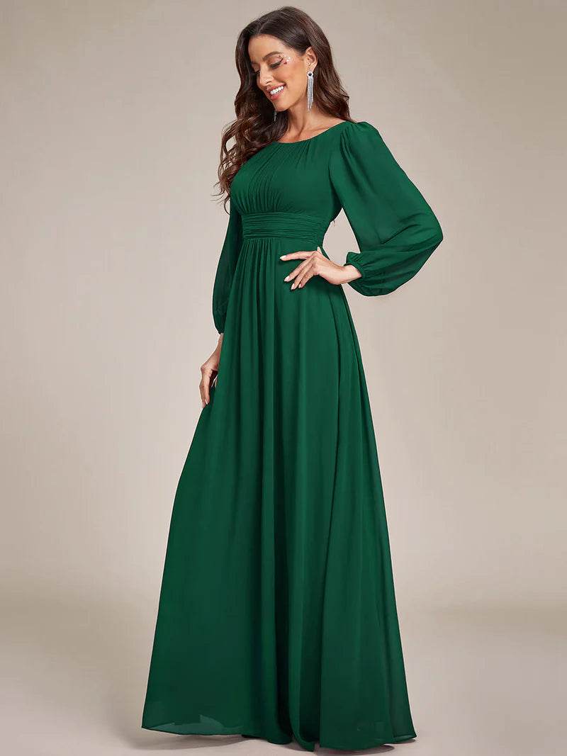 Round Neck Bridesmaid Dress – Long Lantern Sleeves, Elegant Fit - Biamonde