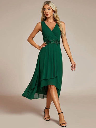 Tea-Length Chiffon Wedding Guest Dress – V-Neck with Appliques - Biamonde