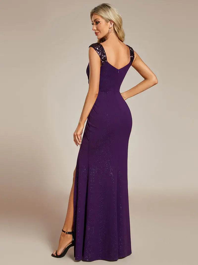 Elegant Sequin V-Neck Evening Dress – High Slit Sparkling Gown - Biamonde