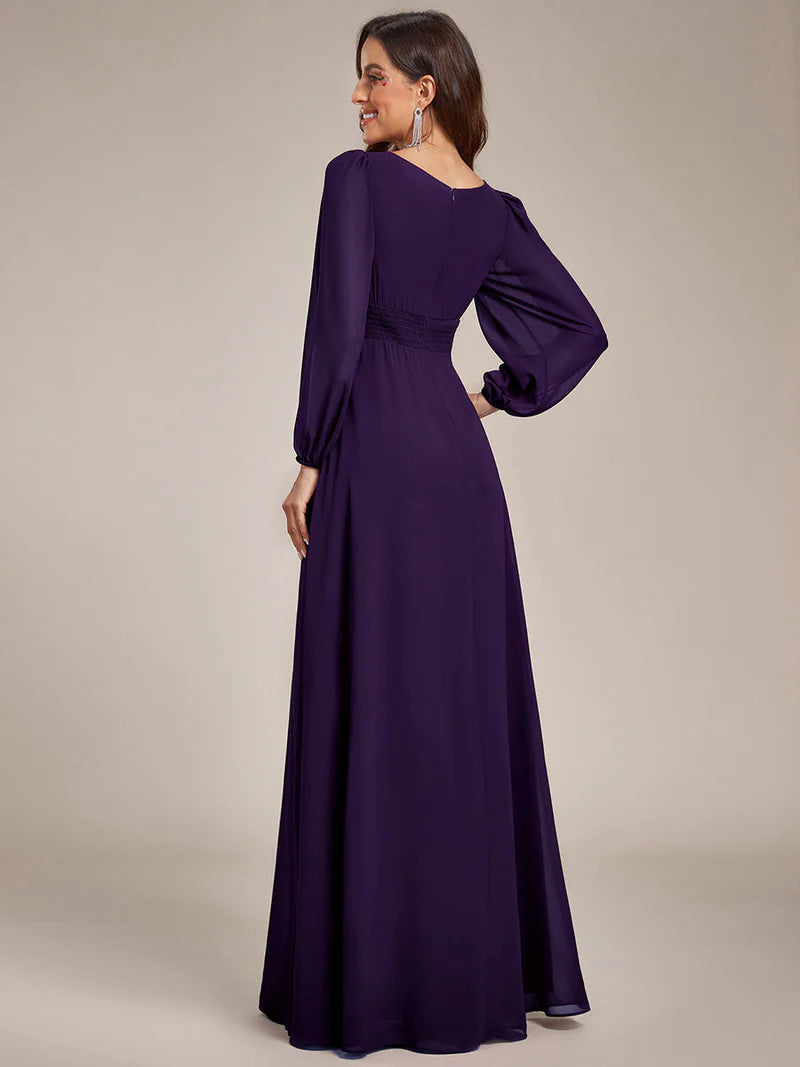 Dark purple bridesmaid dress with round neckline and long lantern sleeves