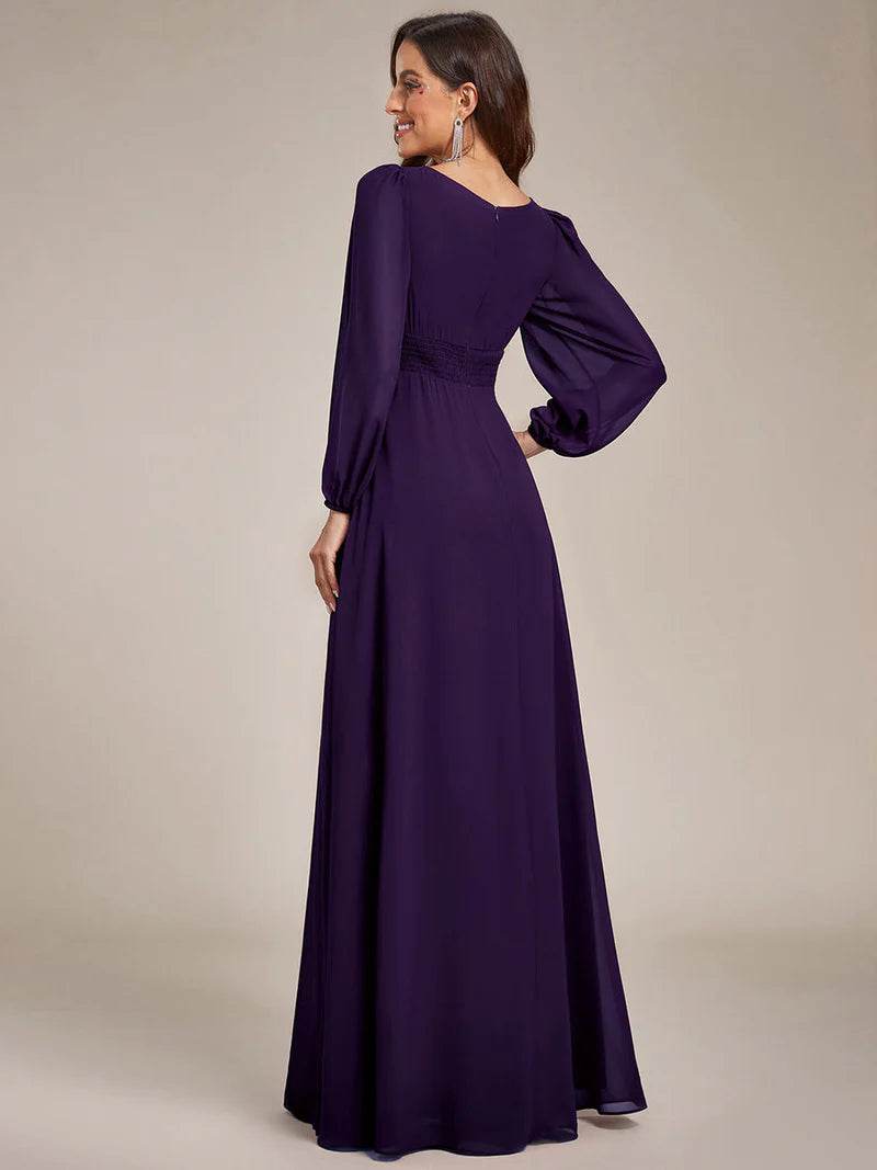 Round Neck Bridesmaid Dress – Long Lantern Sleeves, Elegant Fit - Biamonde