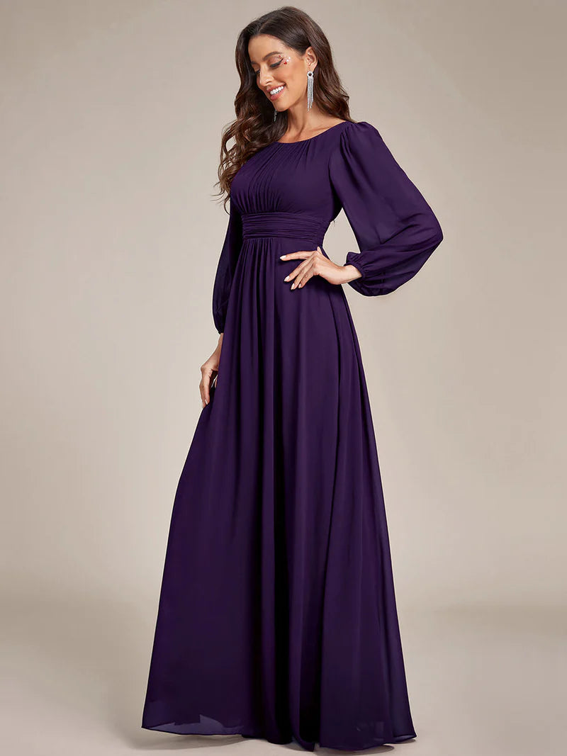 Dark purple bridesmaid dress with round neckline and long lantern sleeves
