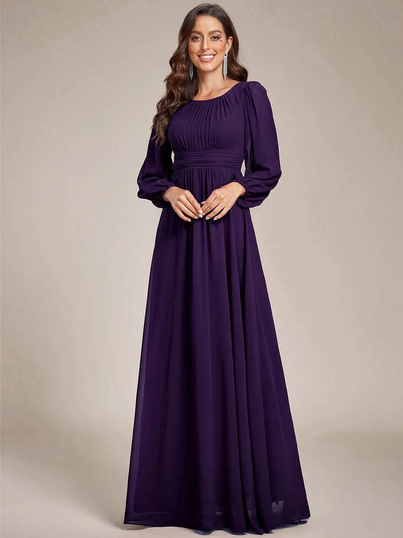 Round Neck Bridesmaid Dress – Long Lantern Sleeves, Elegant Fit - Biamonde