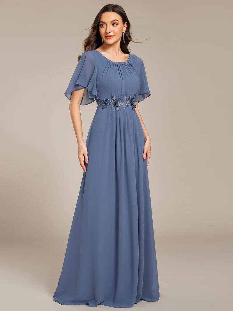 A-Line Floor-Length Evening Dress with Short Sleeves and Applique - Biamonde