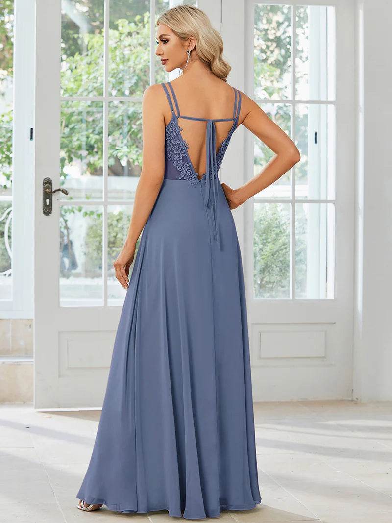 Chiffon Bridesmaid Dress with Lace V-Back – Elegant & Lightweight Gown - Biamonde