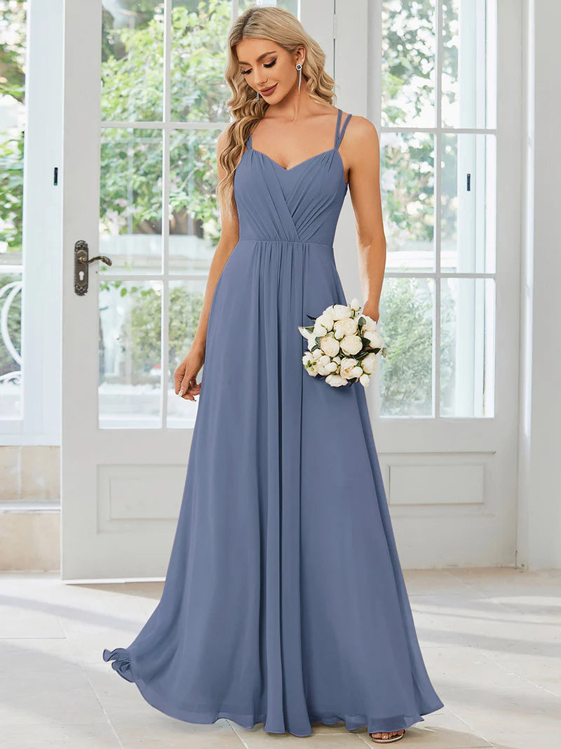 Dusty blue Elegant chiffon bridesmaid dress with lace V-back and lightweight design