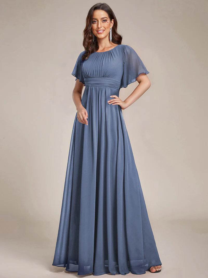 Pleated Bridesmaid Dress – Round Neck Elegant Gown for Weddings - Biamonde