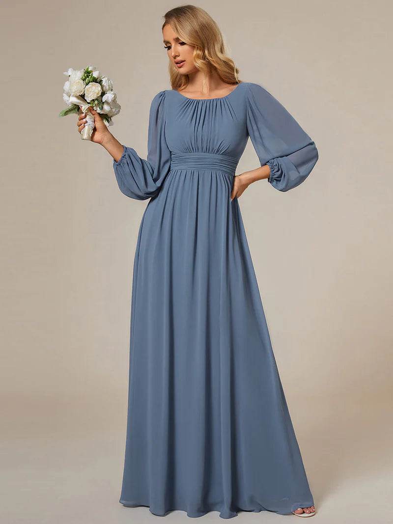 Round Neck Bridesmaid Dress – Long Lantern Sleeves, Elegant Fit - Biamonde