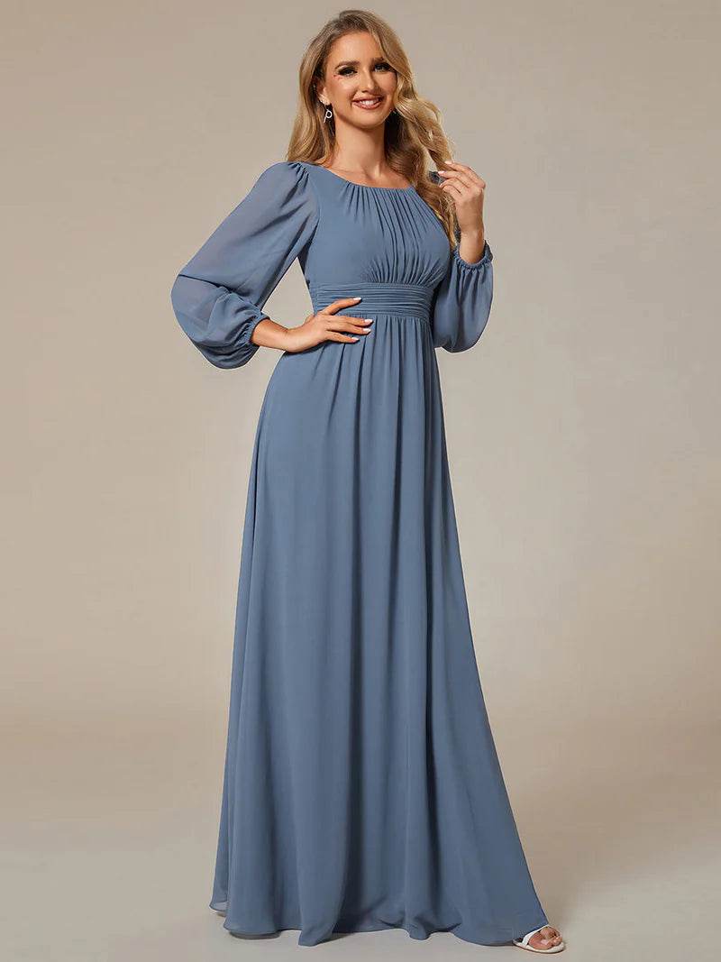 Round Neck Bridesmaid Dress – Long Lantern Sleeves, Elegant Fit - Biamonde