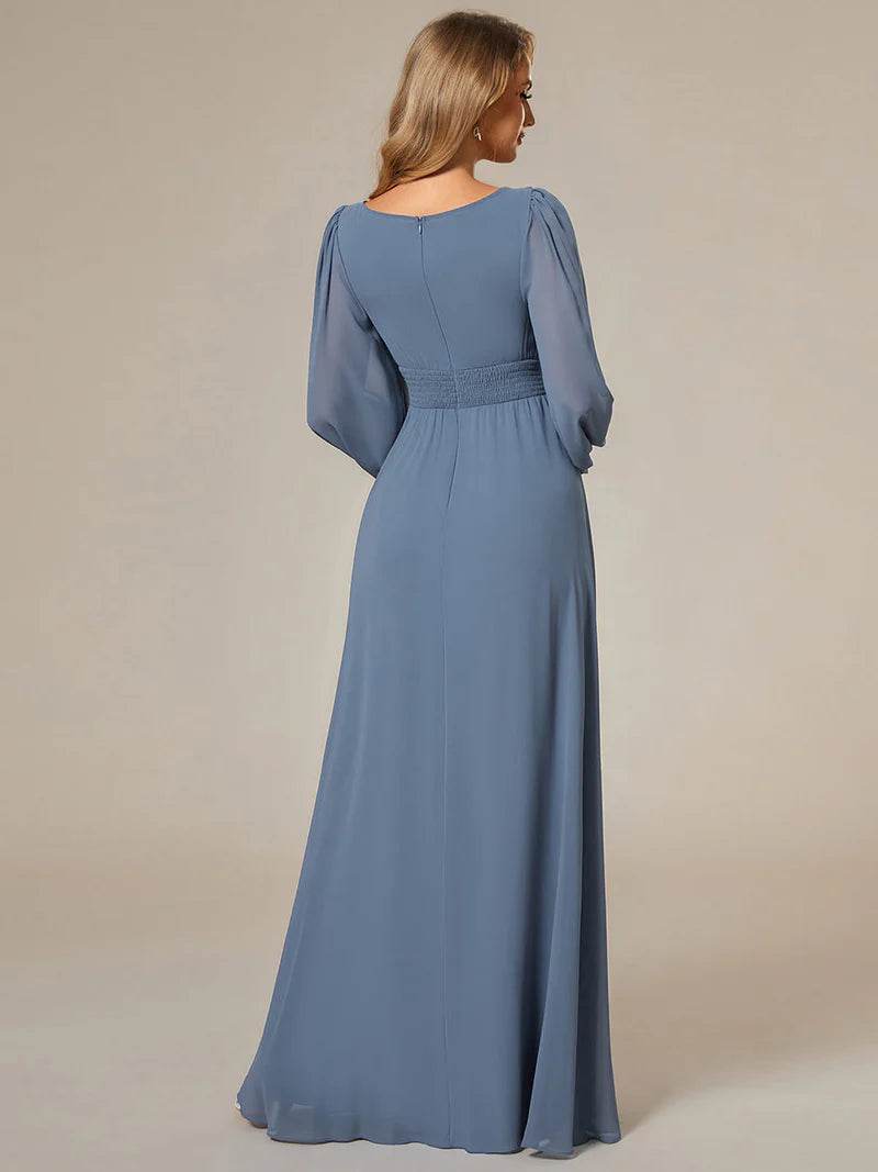 Round Neck Bridesmaid Dress – Long Lantern Sleeves, Elegant Fit - Biamonde