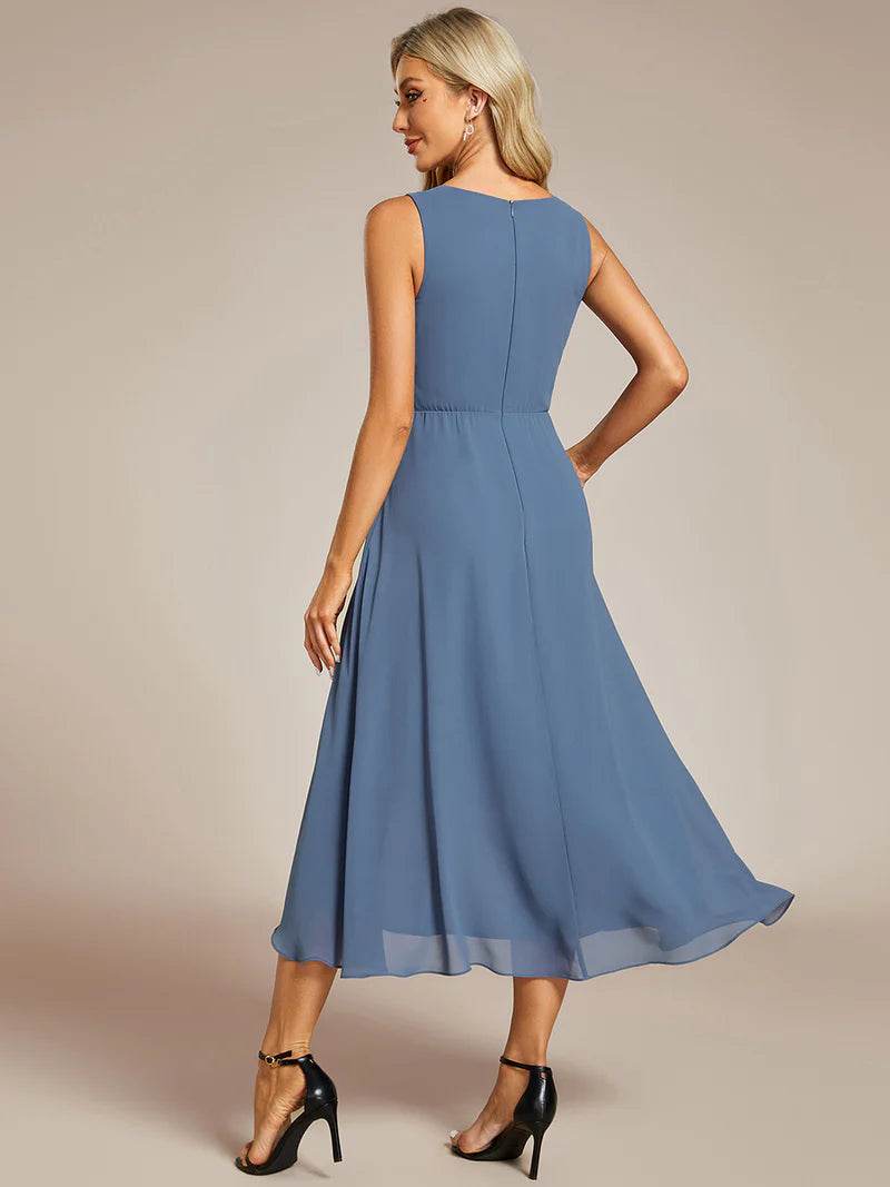 Tea-Length Chiffon Wedding Guest Dress – V-Neck with Appliques - Biamonde