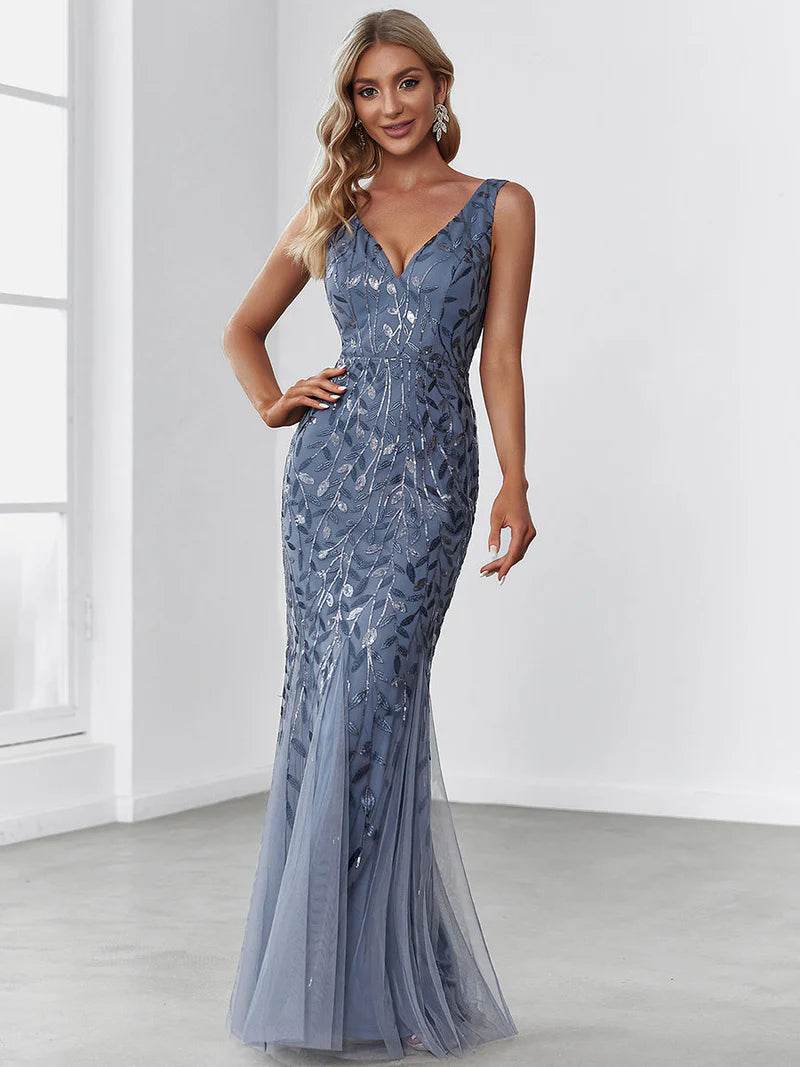 Women's Double V-Neck Fishtail Evening Dress – Sequin Glamour Gown - Biamonde