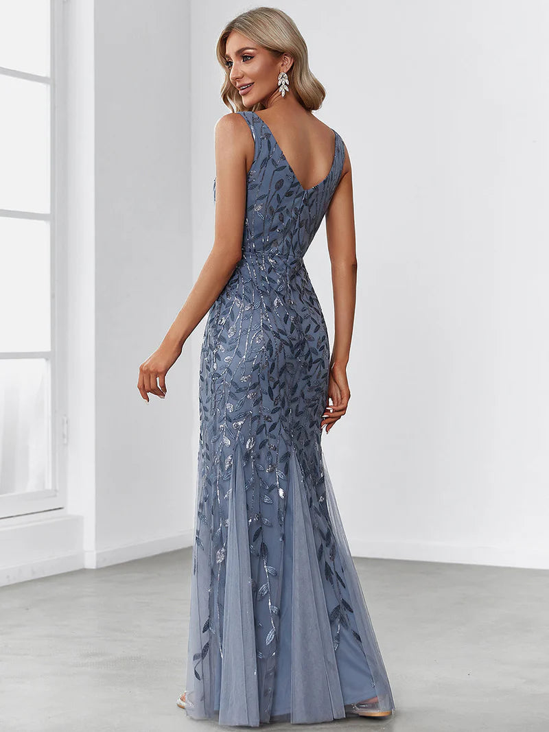 Dusty blue women's fishtail evening dress with double V-neckline and shimmering sequin fabric