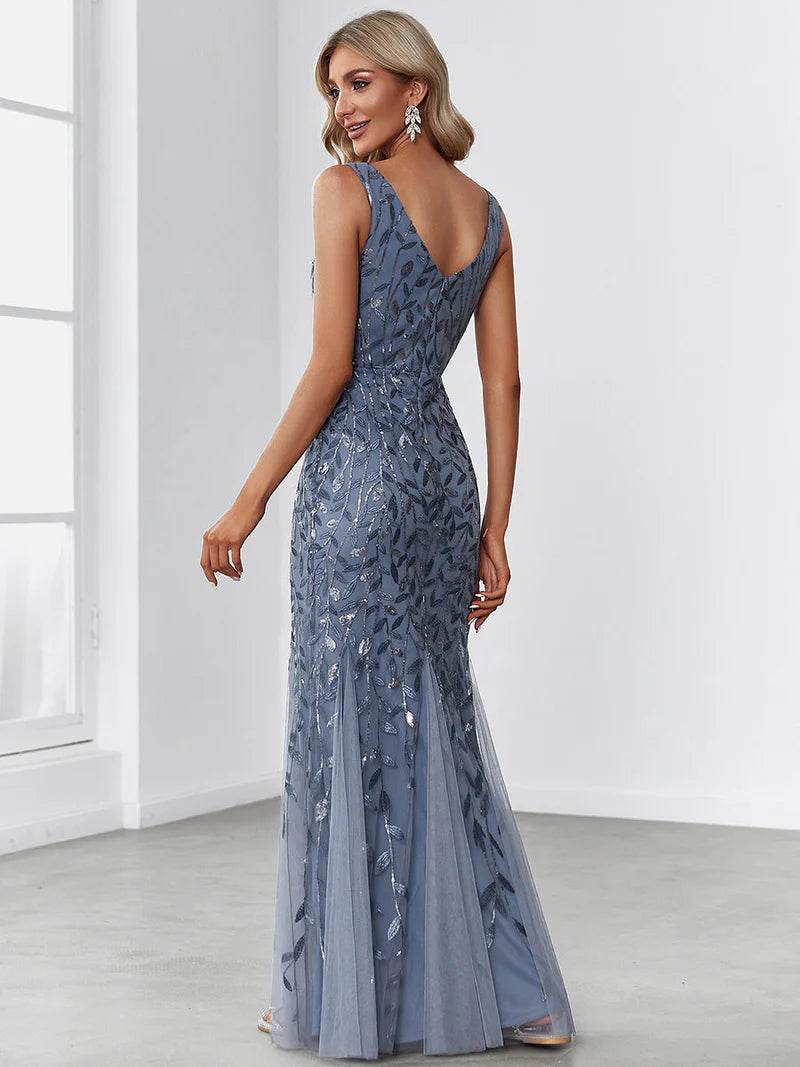 Women's Double V-Neck Fishtail Evening Dress – Sequin Glamour Gown - Biamonde