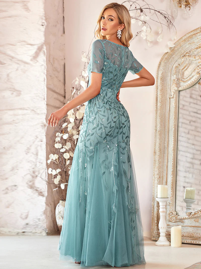 Dusty blue women’s floral sequin fishtail party dress with tulle skirt and elegant mermaid silhouette