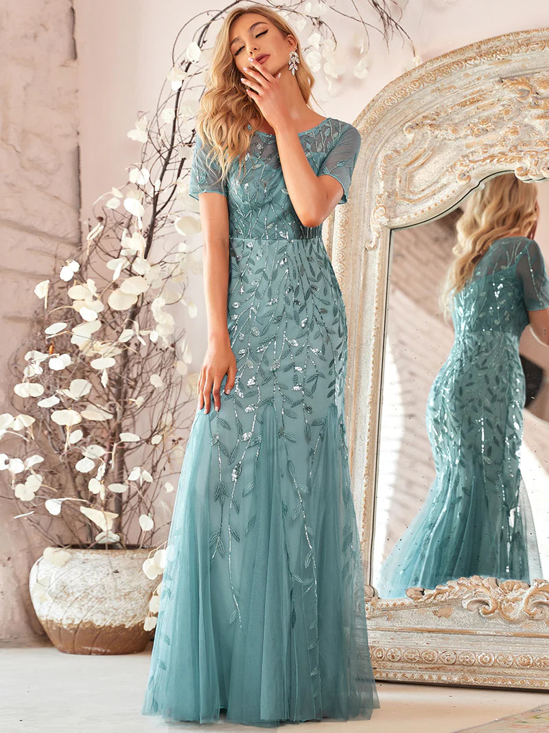 Silver women’s floral sequin fishtail party dress with tulle skirt and elegant mermaid silhouette
