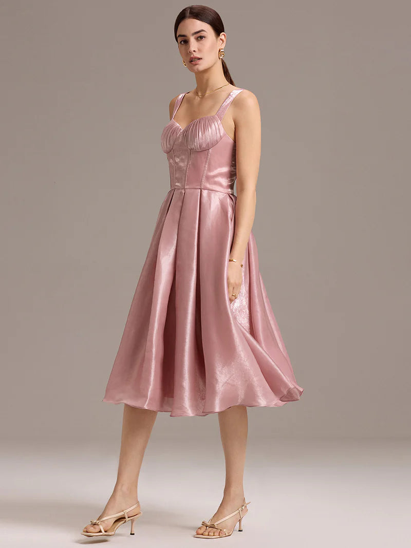 Dusty rose A-line midi dress with sleeveless cut and sweetheart neckline