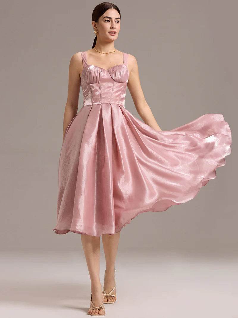 Dusty Rose A-Line Midi Dress with Sleeveless Sweetheart Neckline - Biamonde