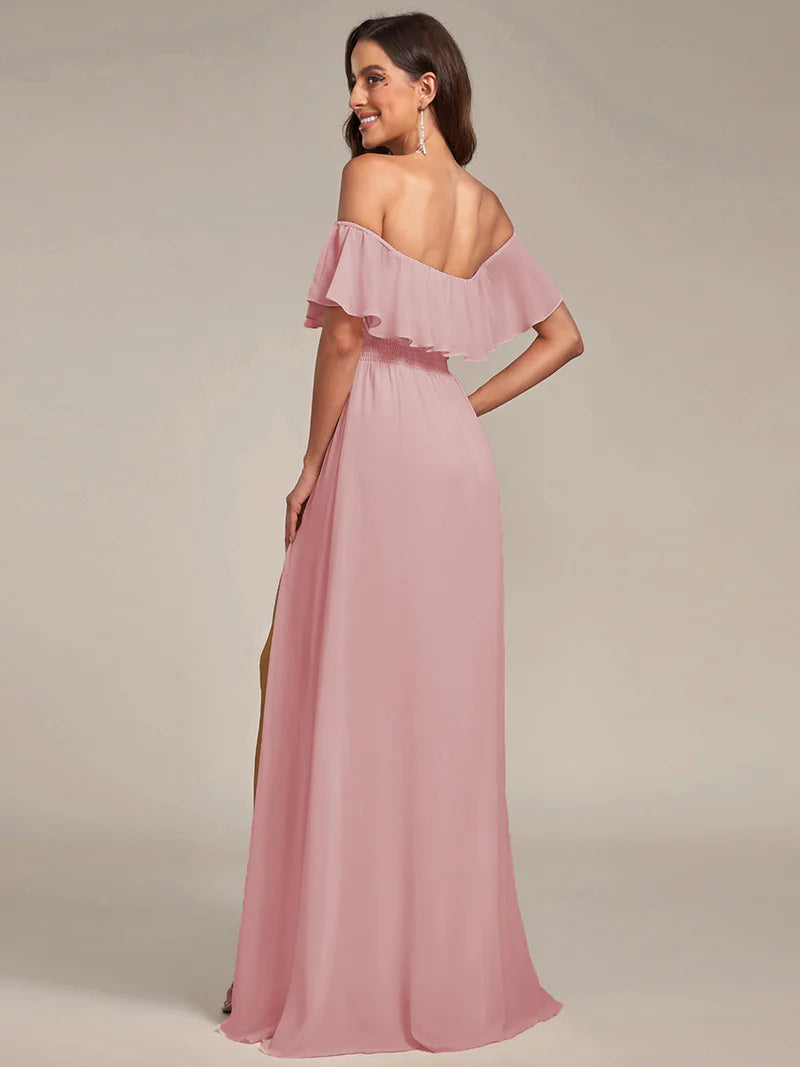 Dusty rose bridesmaid dress with ruffle detailing and thigh-high split