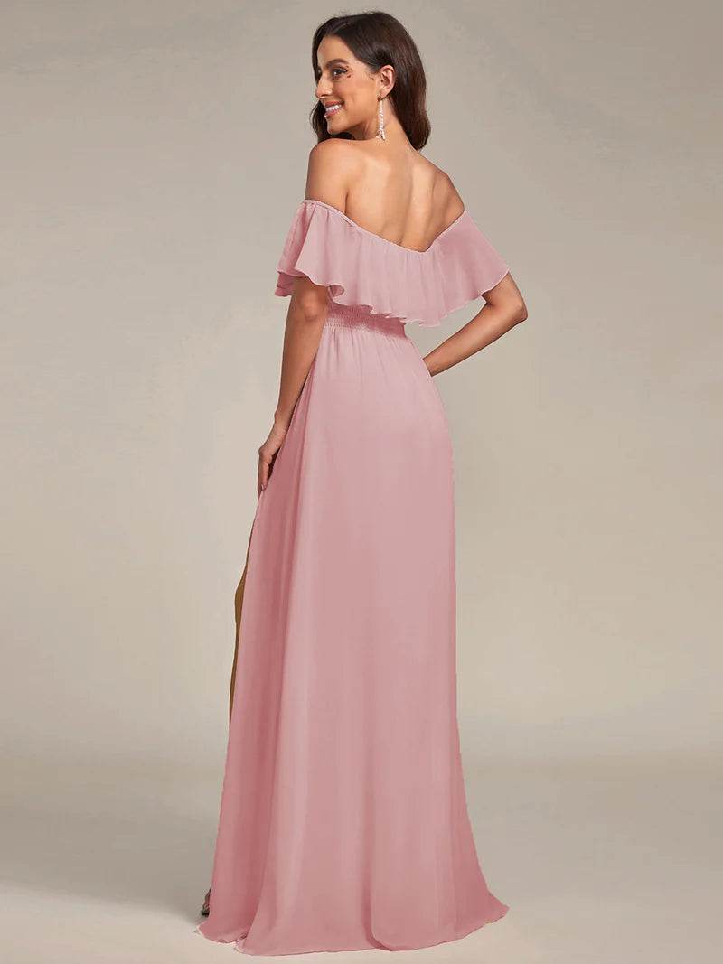 Off-the-Shoulder Bridesmaid Dress – Ruffled with Thigh Split - Biamonde
